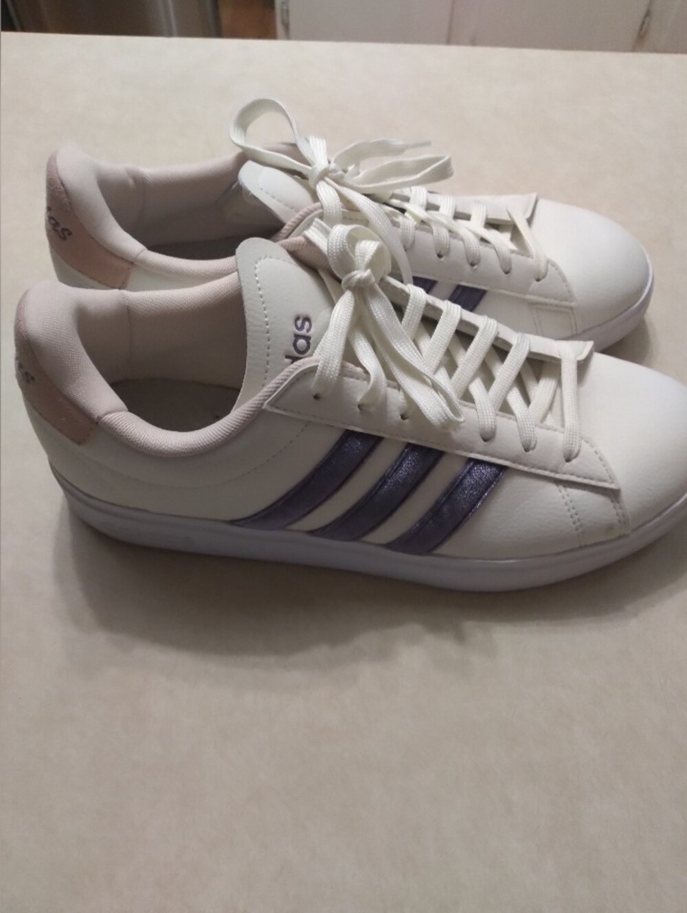 adidas Women's White Sneakers with Purple Stripes and Blush Heel